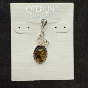 Amber Sterling Silver Pendant - Oval Y/G