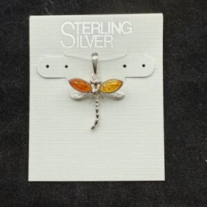 Amber Sterling Silver Pendant - Small Dragonfly