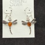 Amber Sterling Silver Earrings - Dragonfly (Body)